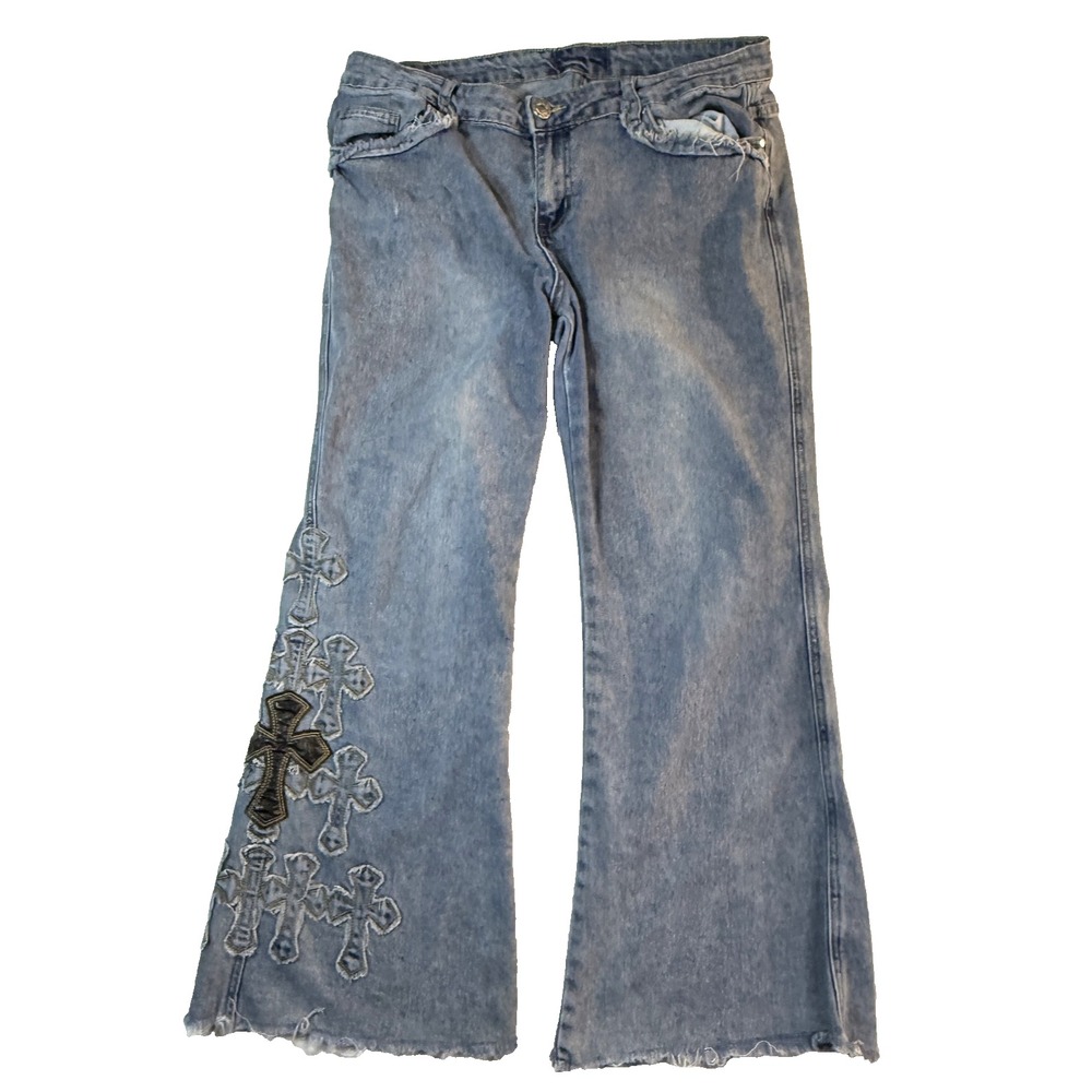 Y2K Embroidered Cross Wide Leg Jeans Womens 9 Blue Raw Hem Distressed Baggy